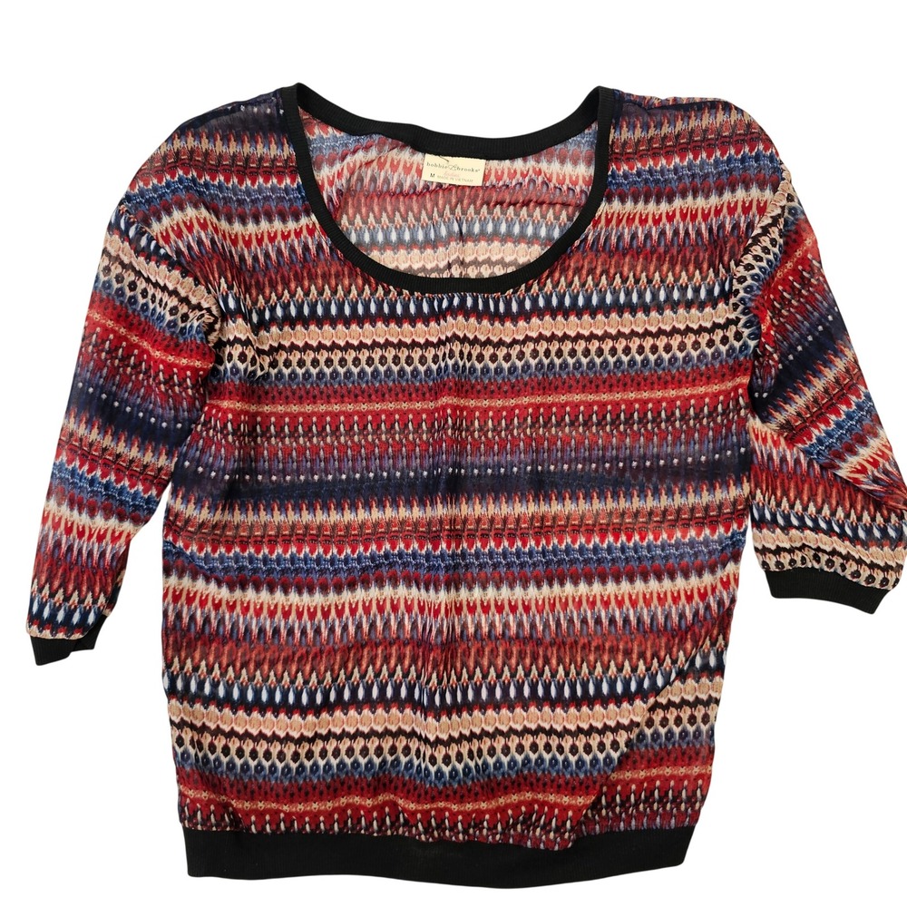 Bobbie Brooks Ladies Medium Multi Color Chevron 3/4 Sleeve Scoop Neck Top Blouse